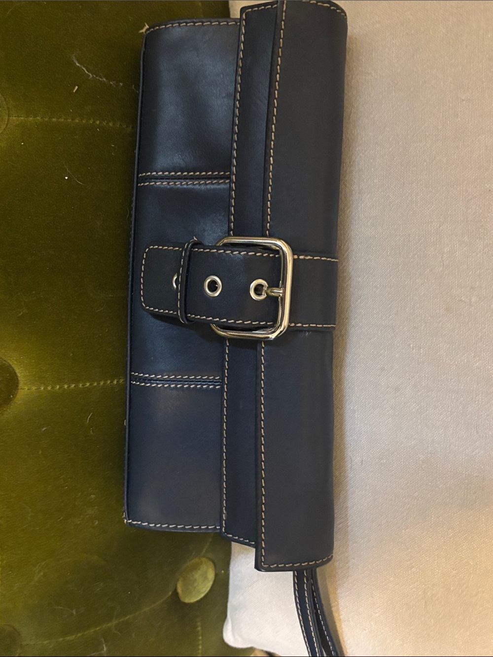 Blue Genuine Leather Buckle Strap Clutch - Women Bags